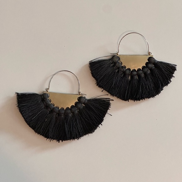 Black and Gold Large Tassel Hoop Statement Earrings - Picture 5 of 5